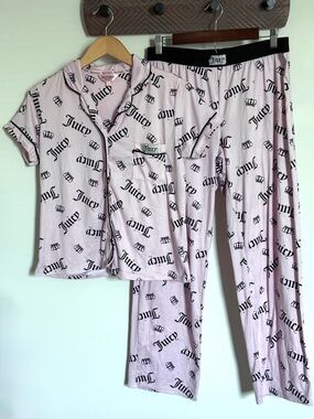 Juicy Couture Pink Pajama Set Short Sleeve Button Down Top Wide Leg Pants Medium